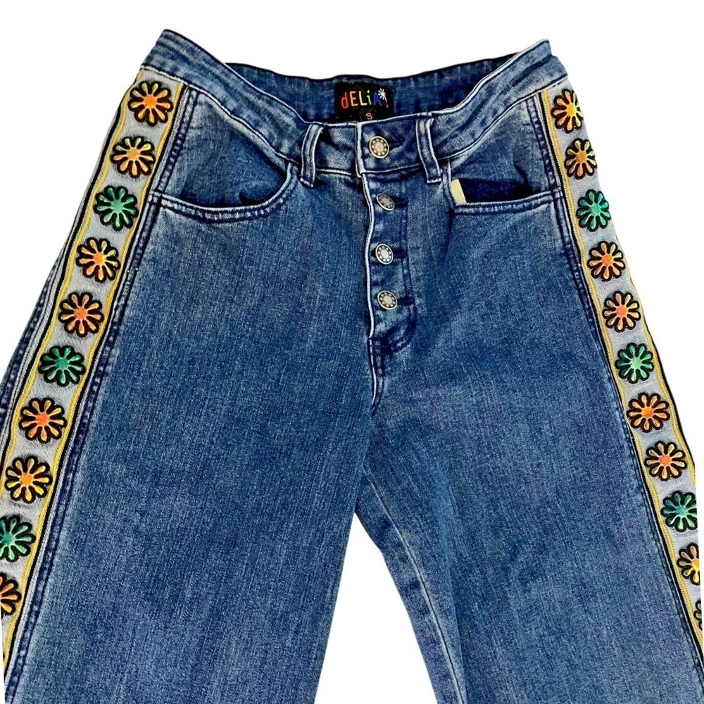 dELiA*s Women Blue Flare Jeans Iridescent Daisy Trim Button Fly S